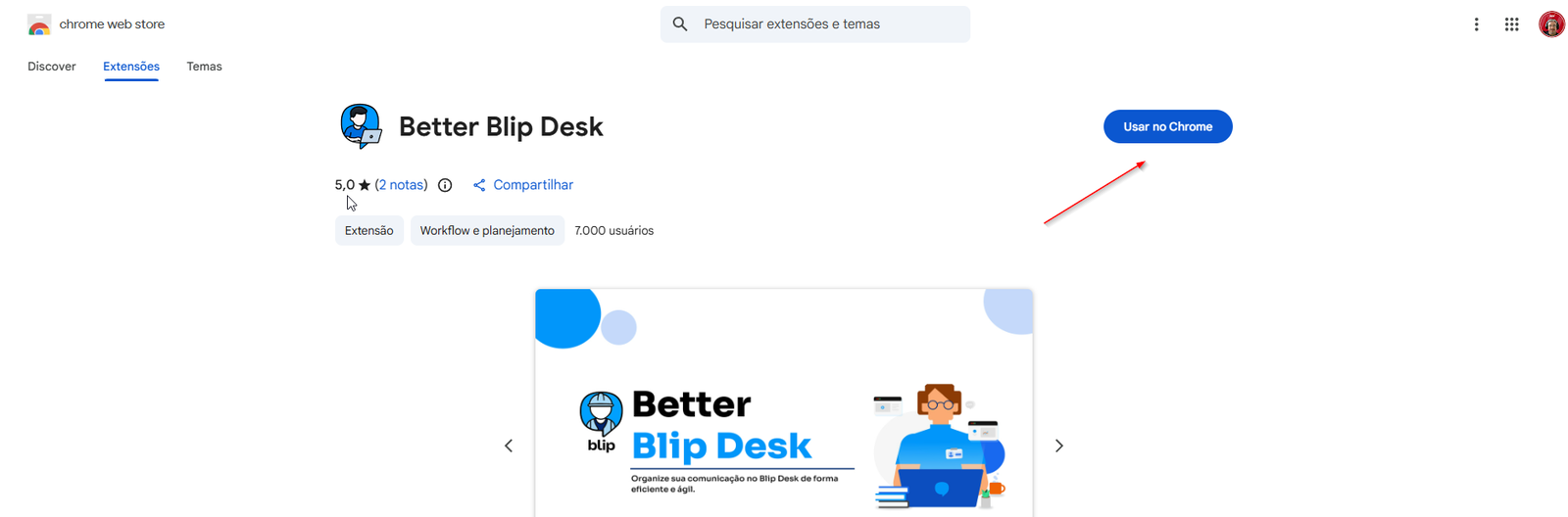 Lista de extensões do navegador com a Better Blip Desk instalada e habilitada