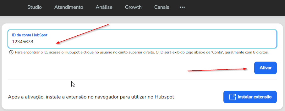 Campo ID da conta HubSpot preenchido e botão Ativar na tela da extensão