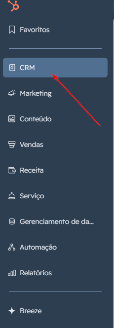 Menu do HubSpot com o caminho CRM e Caixa de Entrada selecionado