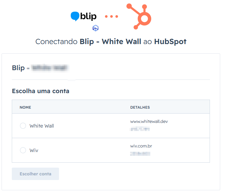 Extensão mostrando a conta HubSpot conectada, com nome de usuário e domínio