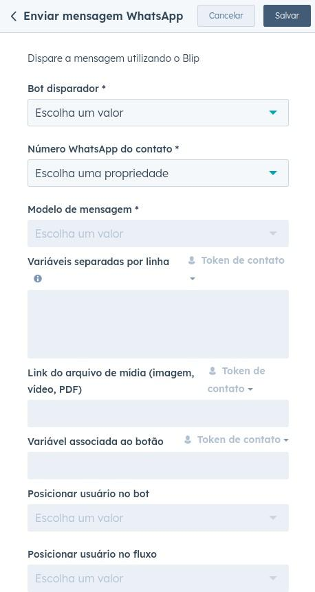 Formulário da ação Enviar mensagem WhatsApp com os campos de bot disparador, propriedade de telefone, modelo e variáveis preenchidos
