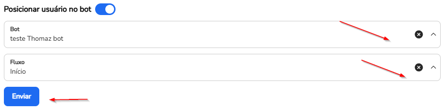 Opção Posicionar usuário no bot ativada, com a escolha do bot e do fluxo de destino
