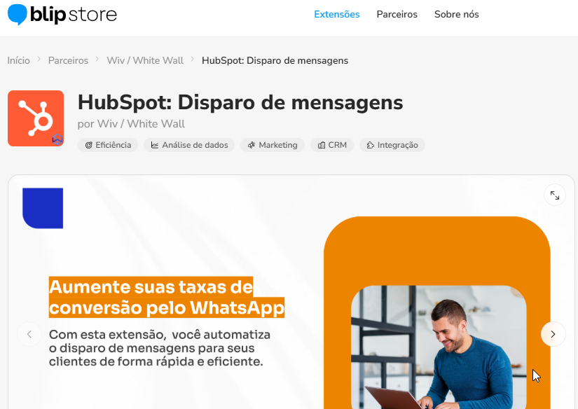 Página da extensão HubSpot: Disparo de mensagens ativas na Blip Store com o botão Instalar