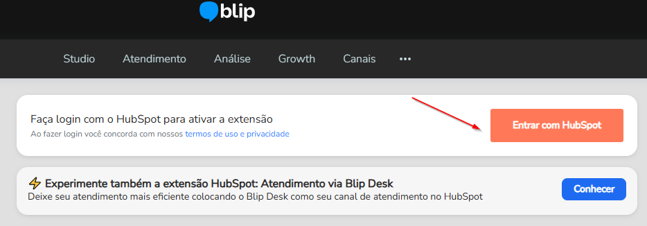Tela inicial da extensão com o botão Entrar com HubSpot em destaque