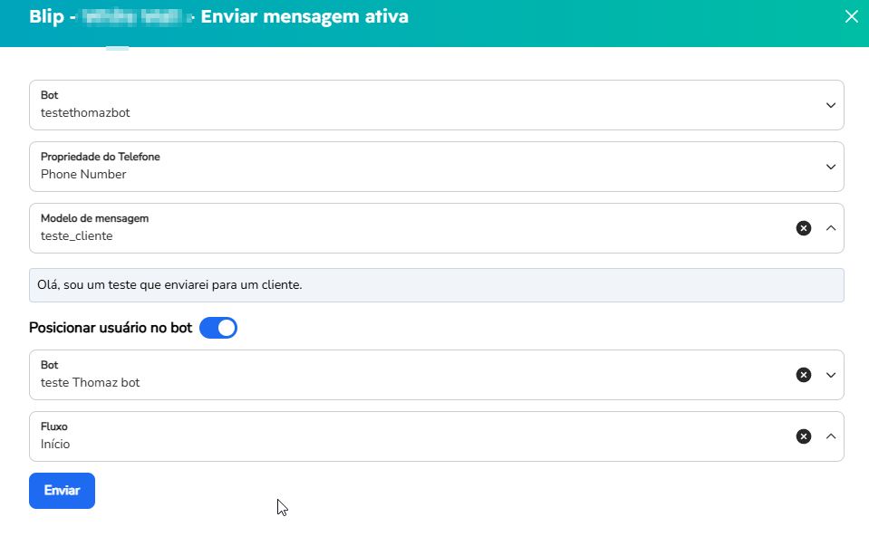 Formulário de envio individual preenchido, com o botão Enviar