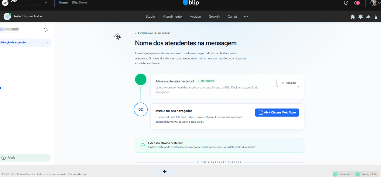 Página da extensão na Blip Store com a mensagem de confirmação de ativação