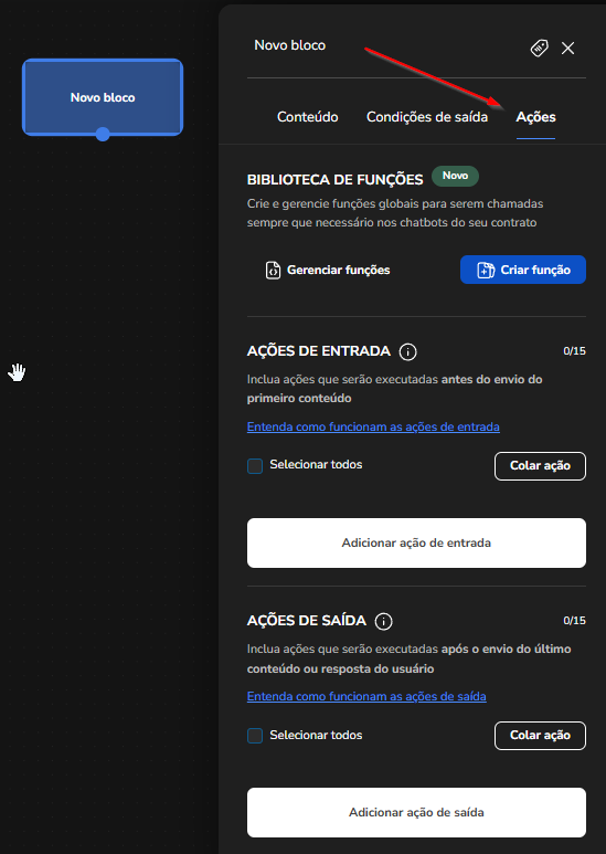 Aba Ações nas configurações do bloco no Blip Builder