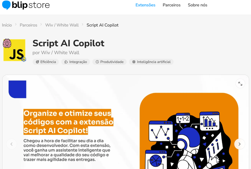 Página do Script AI Copilot na Blip Store com a opção de teste grátis