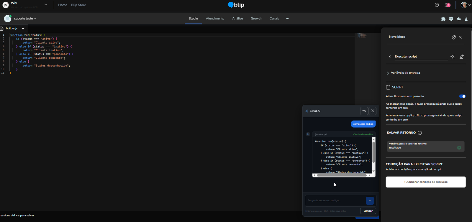 Script Assistant sugerindo o tratamento dos demais status para a função run