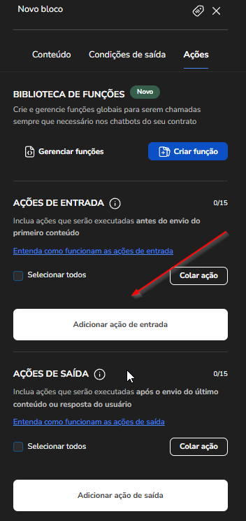 Botão Adicionar ação de entrada na aba Ações do bloco