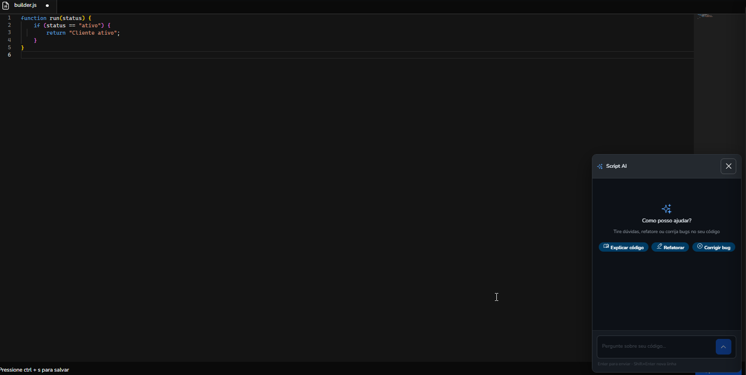 Código inicial da função run com apenas o status ativo no editor de scripts