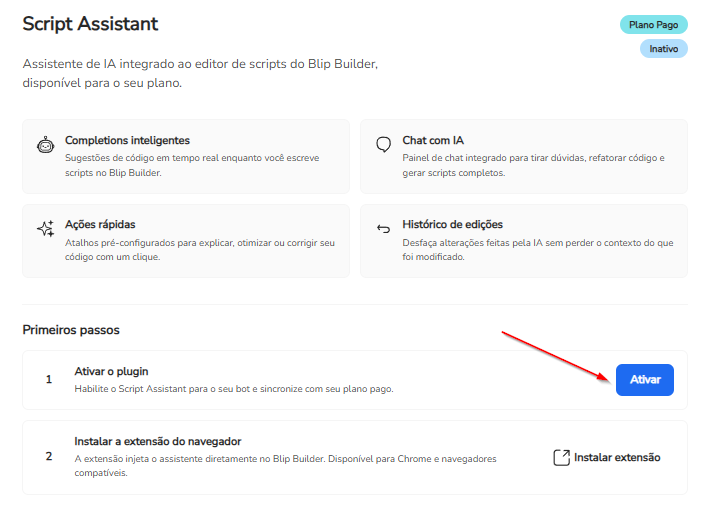Página da extensão Script AI Copilot com o botão Ativar em destaque