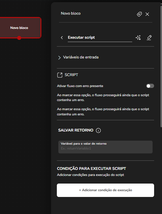 Campo Script na configuração da ação Executar script