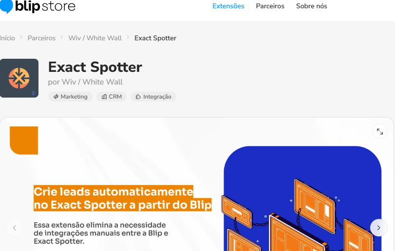 Página da extensão Exact Spotter na Blip Store com o botão Iniciar teste grátis