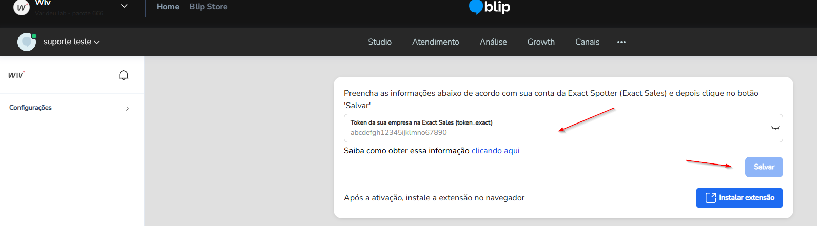 Campo de token da Exact Sales preenchido e botão Salvar na configuração da extensão