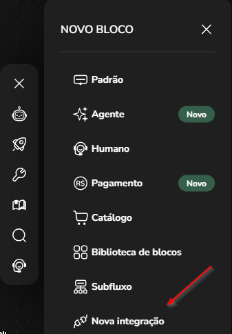 Opção Nova integração na lista de blocos do Builder