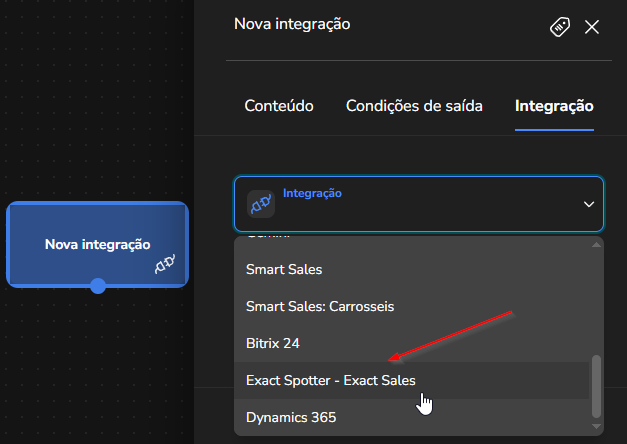 Seleção da integração Exact Spotter na aba Ações do bloco no Builder