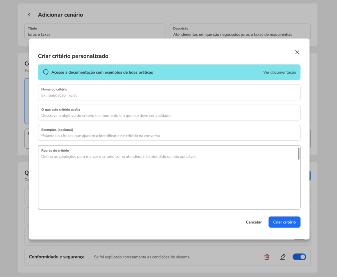 Modal de criação de critério personalizado, com nome, objetivo, exemplos e regras.