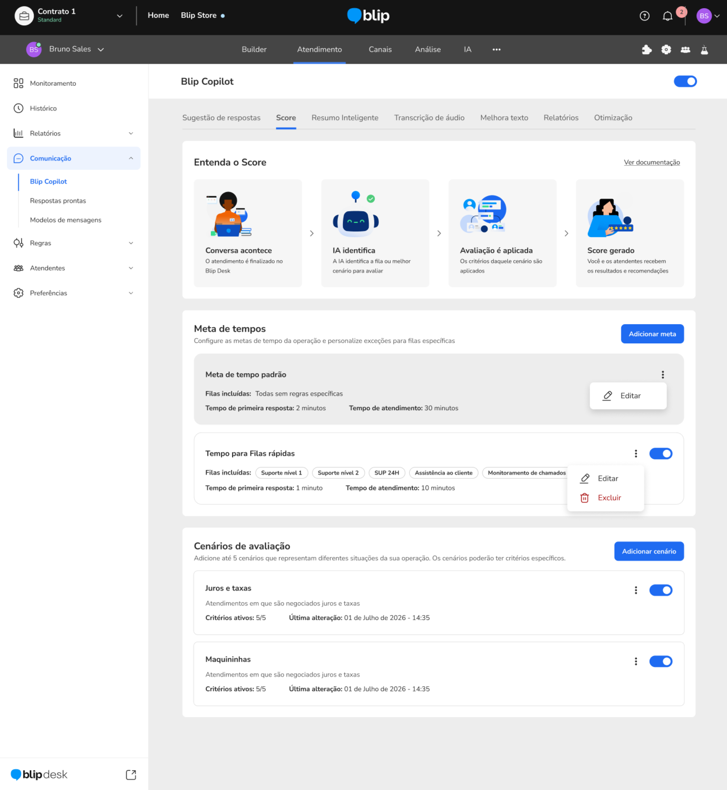 Home de configuração do Score: metas de tempo e cenários de avaliação cadastrados.