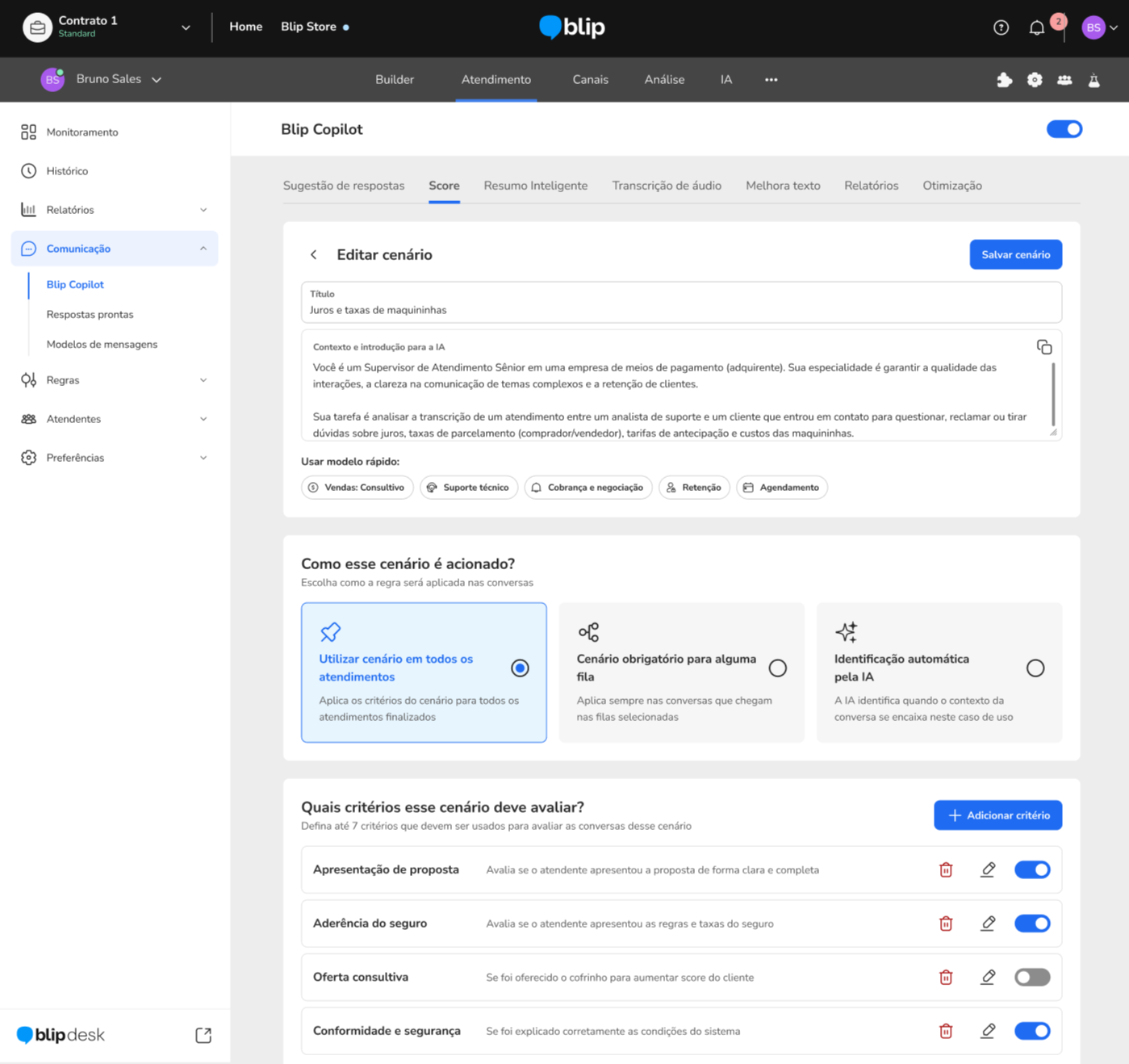 Edição de um cenário já configurado, com a lista de critérios ativos.