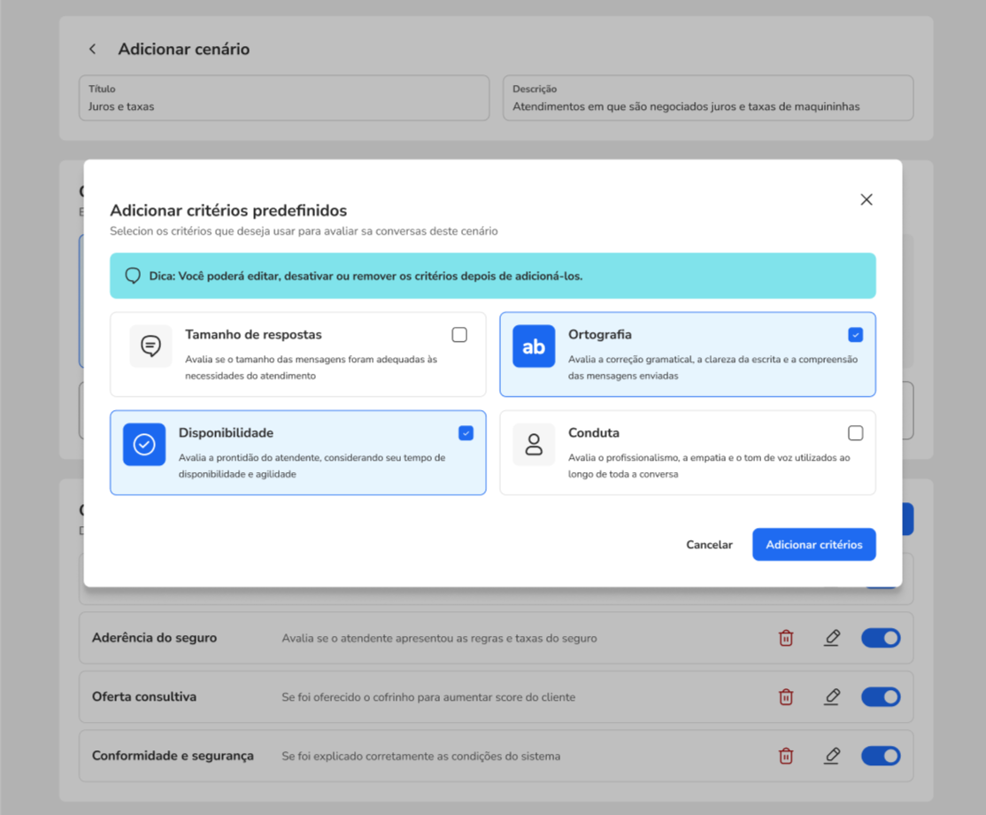 Modal de seleção de critérios predefinidos (ex.: Tamanho de respostas, Ortografia, Disponibilidade, Conduta).