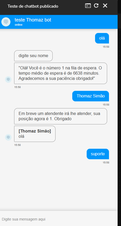 Conversa de teste no Blip Desk recebendo a mensagem com a posição na fila e o tempo de espera