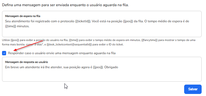 Opção Responder caso o usuário envie uma mensagem enquanto aguarda na fila marcada na configuração