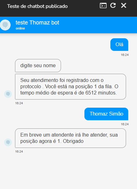 Mensagem de espera com número de protocolo enviada ao contato no atendimento
