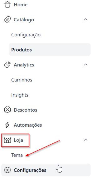Tela Loja > Tema para personalizar a aparência da loja