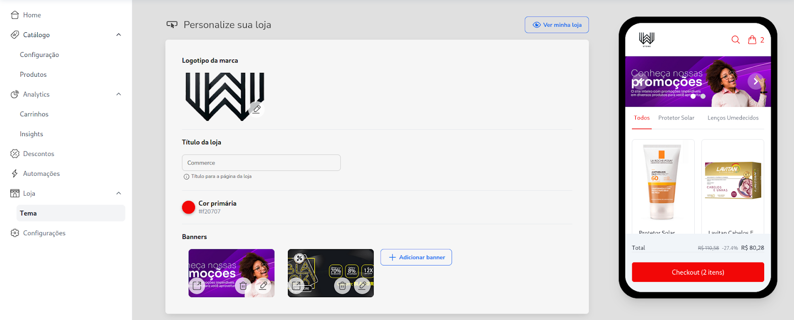 Configuração de logo, nome, cor e banners com prévia da loja