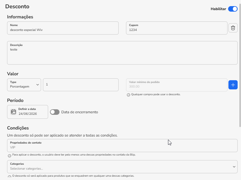 Configuração do valor do desconto, valor mínimo de compra e período de validade