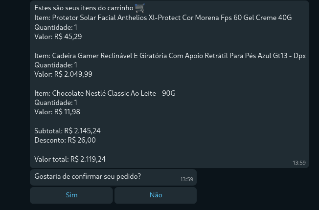 Exemplo da mensagem de resumo do pedido recebida pelo cliente no WhatsApp