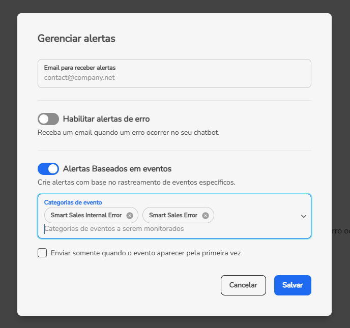 Configuração dos eventos Smart Sales Internal Error e Smart Sales Error na extensão de monitoramento