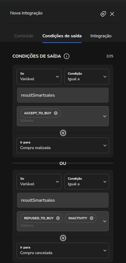 Condições de saída do bloco Smart Sales com os valores de retorno