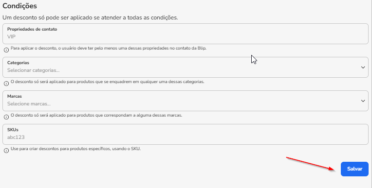 Aba Condições do desconto com restrições por marca, categoria, SKU e propriedades de contato