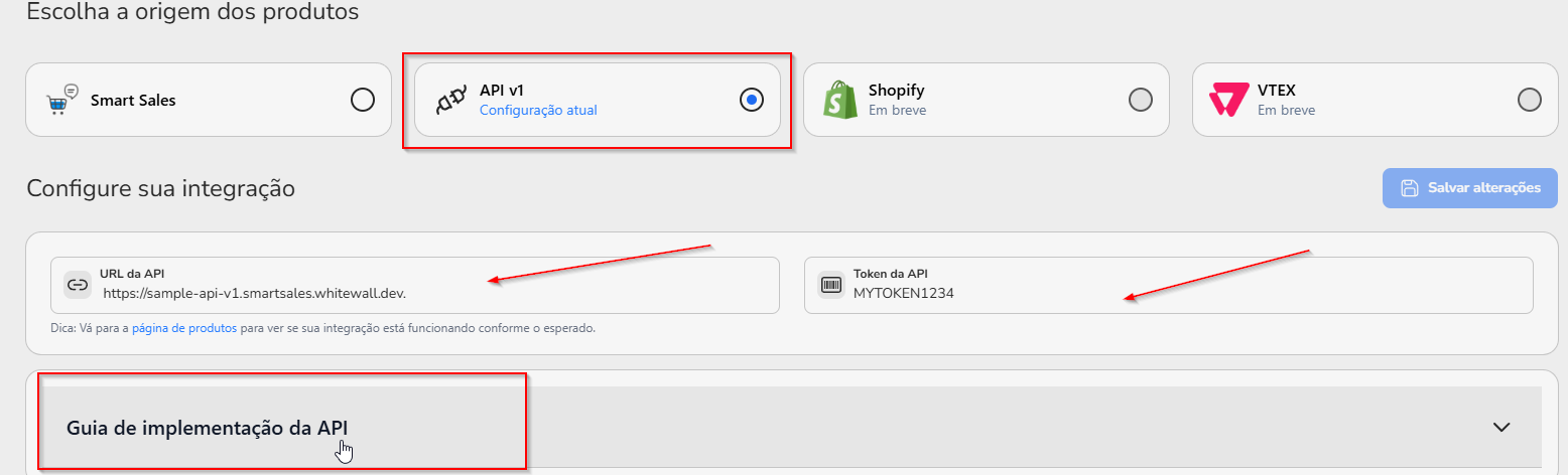 Origem do catálogo definida como API v1 na tela de Configuração