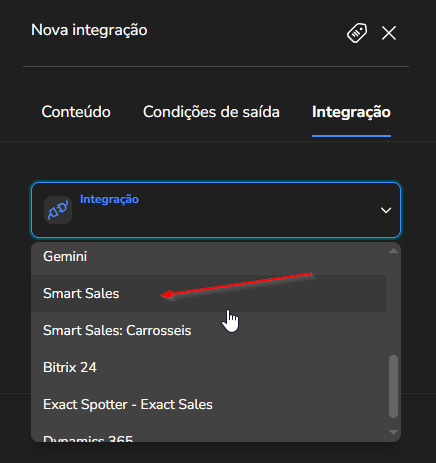 Seleção da integração Smart Sales na lista de integrações