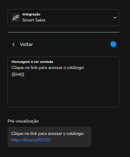 Configuração da mensagem de texto com o link do catálogo para os demais canais