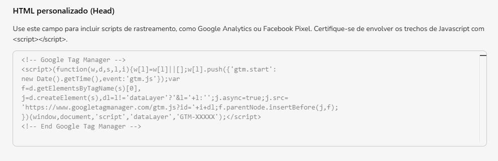 Campo para injetar HTML personalizado no cabeçalho da loja
