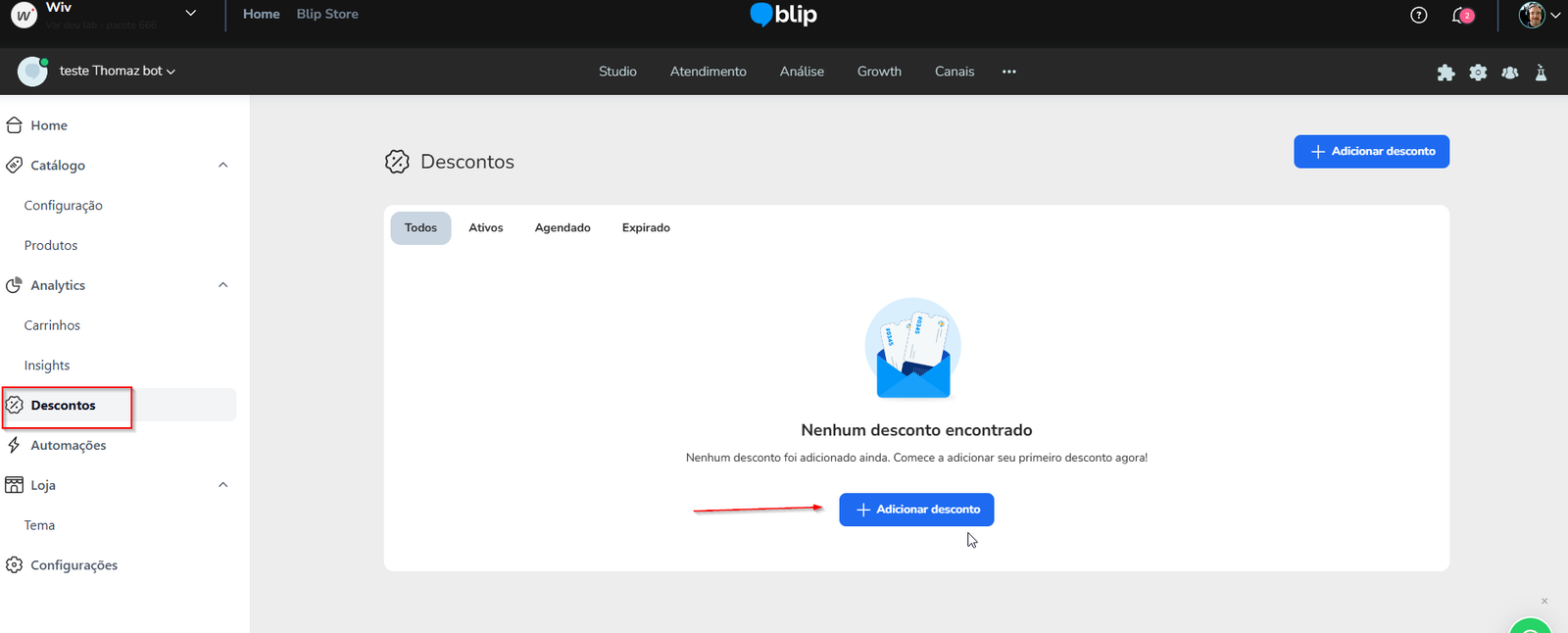 Tela de Descontos com os campos de nome, descrição e código do cupom
