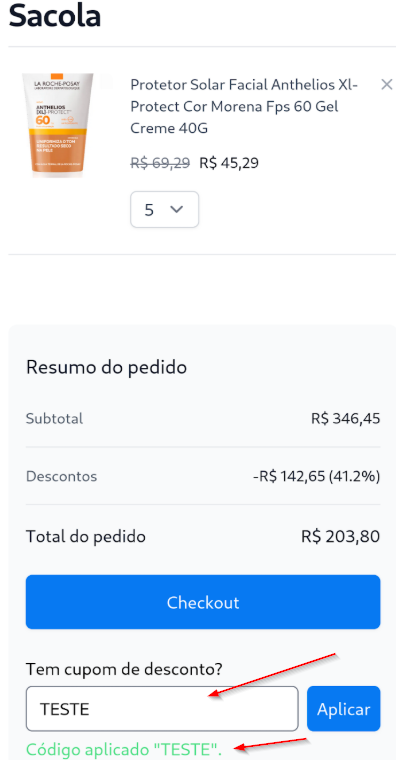Campo para inserir o código do cupom durante a compra no catálogo