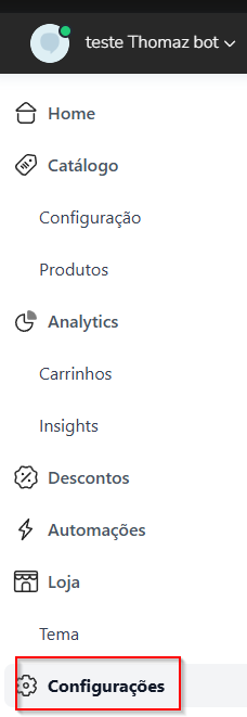Página Configurações com a escolha da moeda da loja