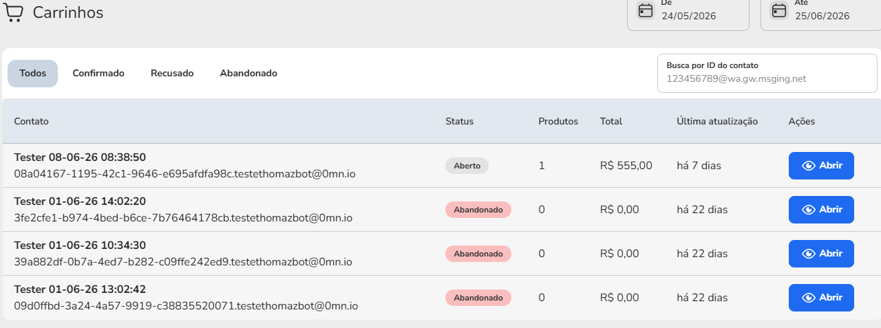 Tela Analytics > Carrinhos com o acompanhamento dos carrinhos por cliente