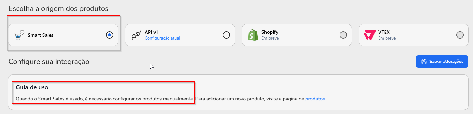 Origem do catálogo definida como Smart Sales na tela de Configuração