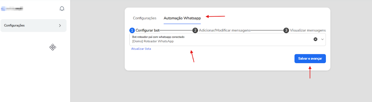 Aba Automação Whatsapp da extensão Tray