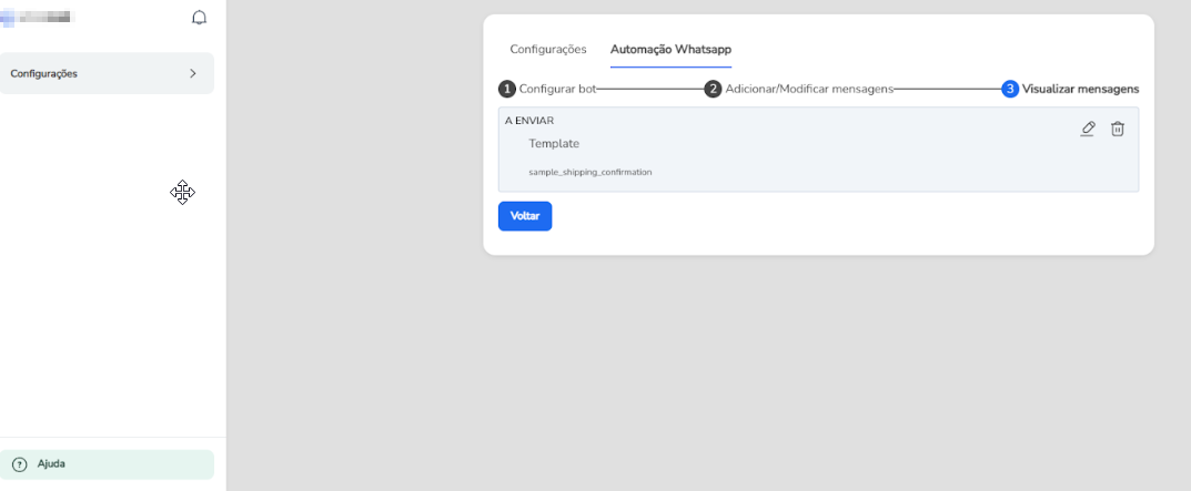 Etapa Visualizar mensagens listando os status configurados, com as opções de editar e remover