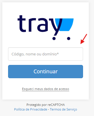 Tela de login da Tray com o campo para informar o código, o nome ou o domínio da loja e o botão Continuar