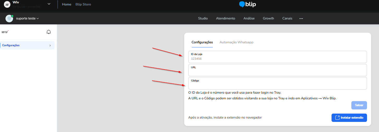 Aba Configurações da extensão Tray com os campos ID da Loja, URL e Código e o botão Salvar