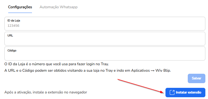 Aba Configurações da extensão com o botão Instalar extensão que leva à Chrome Web Store