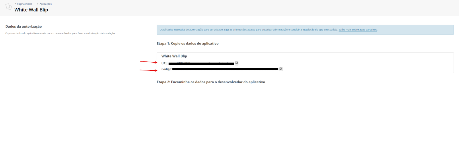 Tela da Tray exibindo a URL e o Código de integração do aplicativo Wiv Blip